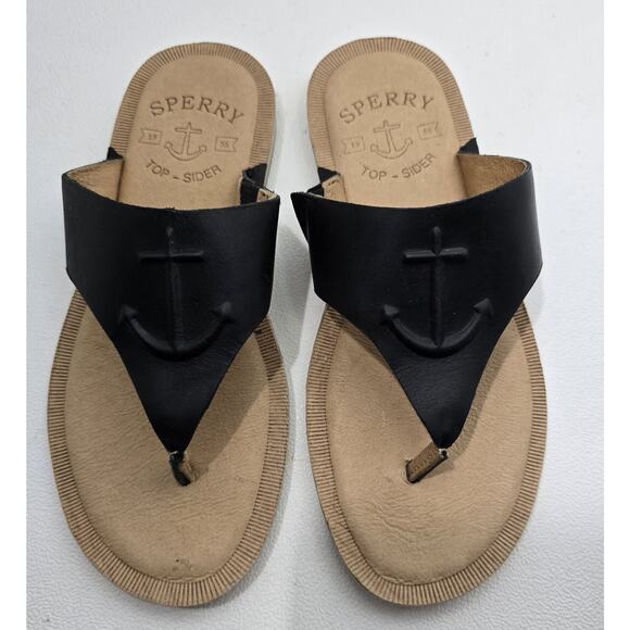 SPERRY Seaport Thong Sandals Black Non-Slip Round Toe Slip On Anchor Sz 5 M - Picture 2 of 6